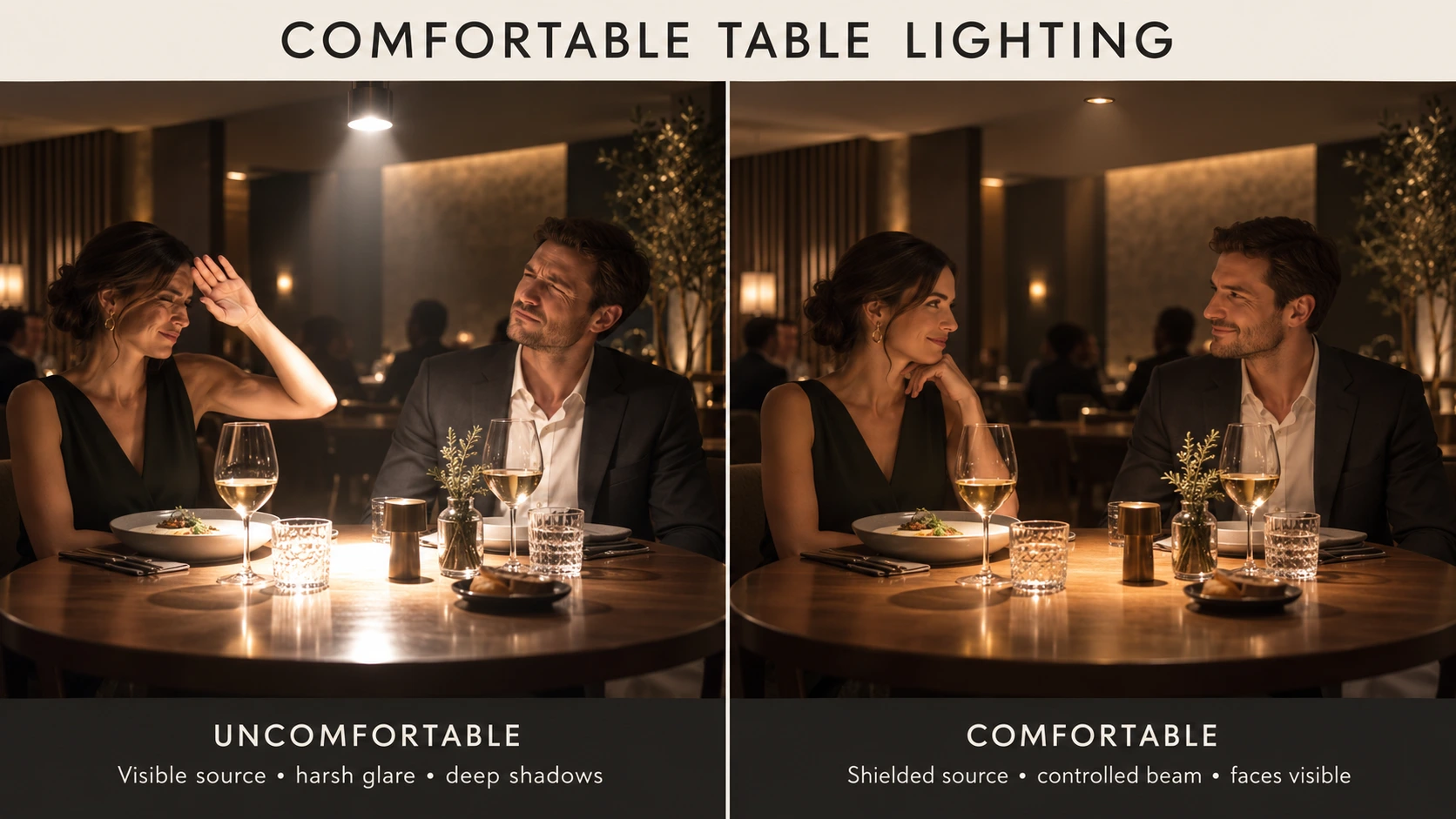 Comparison of uncomfortable restaurant table lighting with visible glare and comfortable lighting with a shielded source, controlled beam and visible faces.
