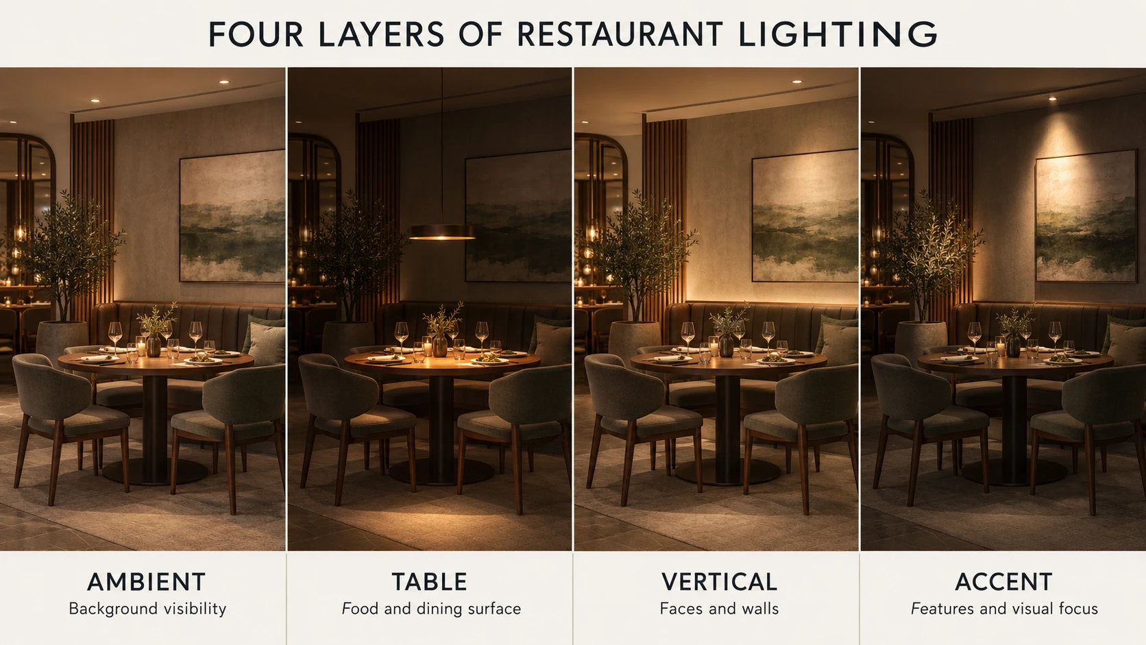 Four layers of restaurant lighting showing ambient, table, vertical and accent lighting in the same dining area