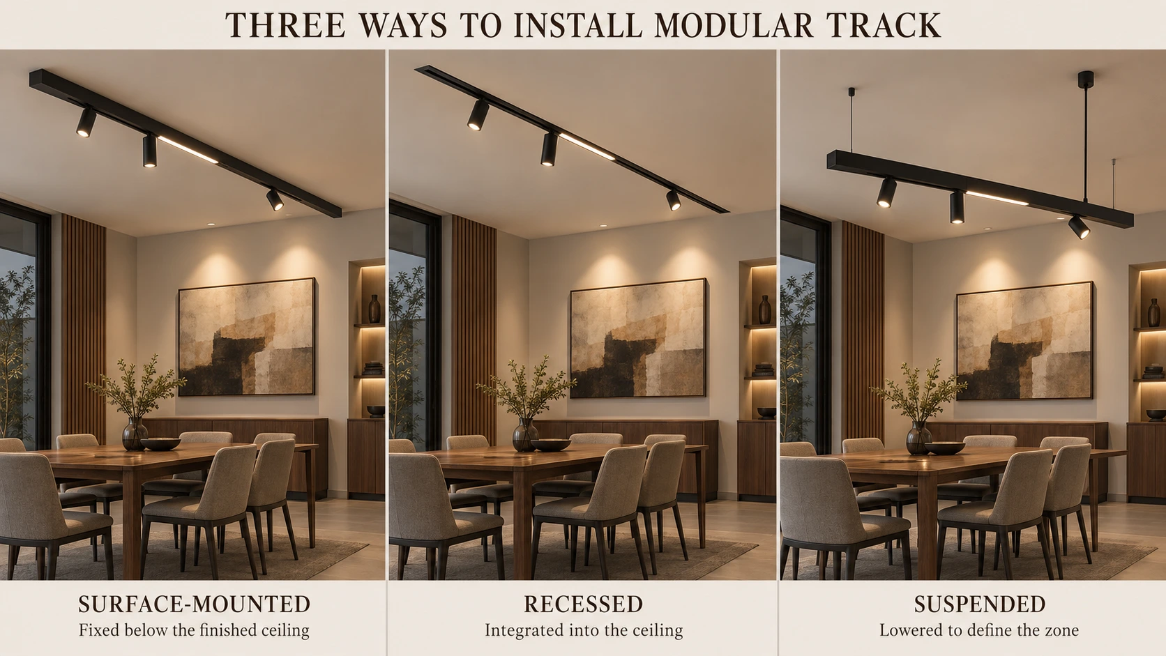 omparison of surface-mounted, recessed and suspended modular track lighting installations in the same interior.
