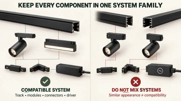 Compatible modular lighting track, modules, connectors and driver compared with similar-looking components from incompatible system families.