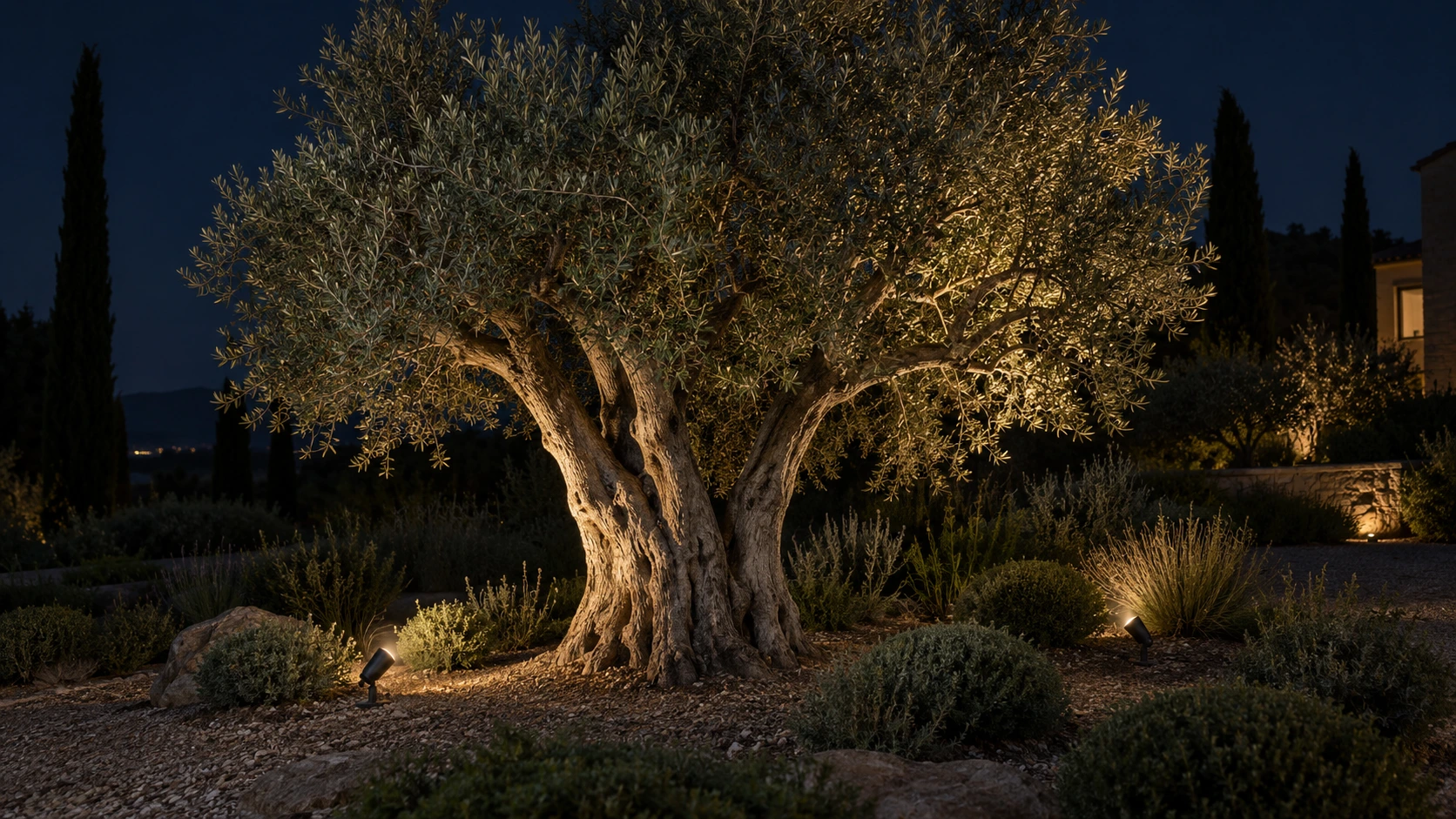 Two separated lighting positions can reveal a broad tree’s structure without illuminating every side equally. Mature olive tree illuminated from two positions to reveal its trunk and canopy