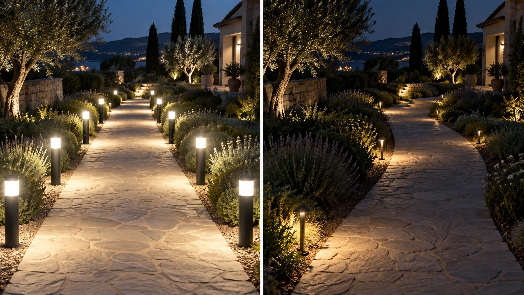 Fewer carefully positioned lights can guide movement more naturally than repetitive rows of bright bollards. Runway-style pathway lighting compared with restrained staggered garden lights