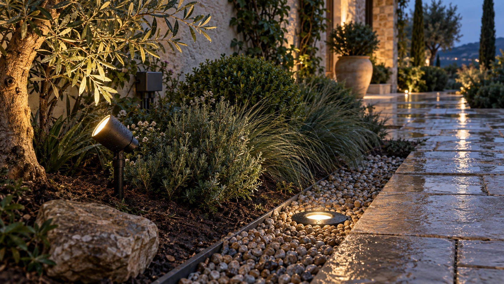 Landscape fixtures must remain accessible while drainage, protected connections and future plant growth are coordinated. Garden spike light and in-ground fixture installed beside planting and a drained gravel border