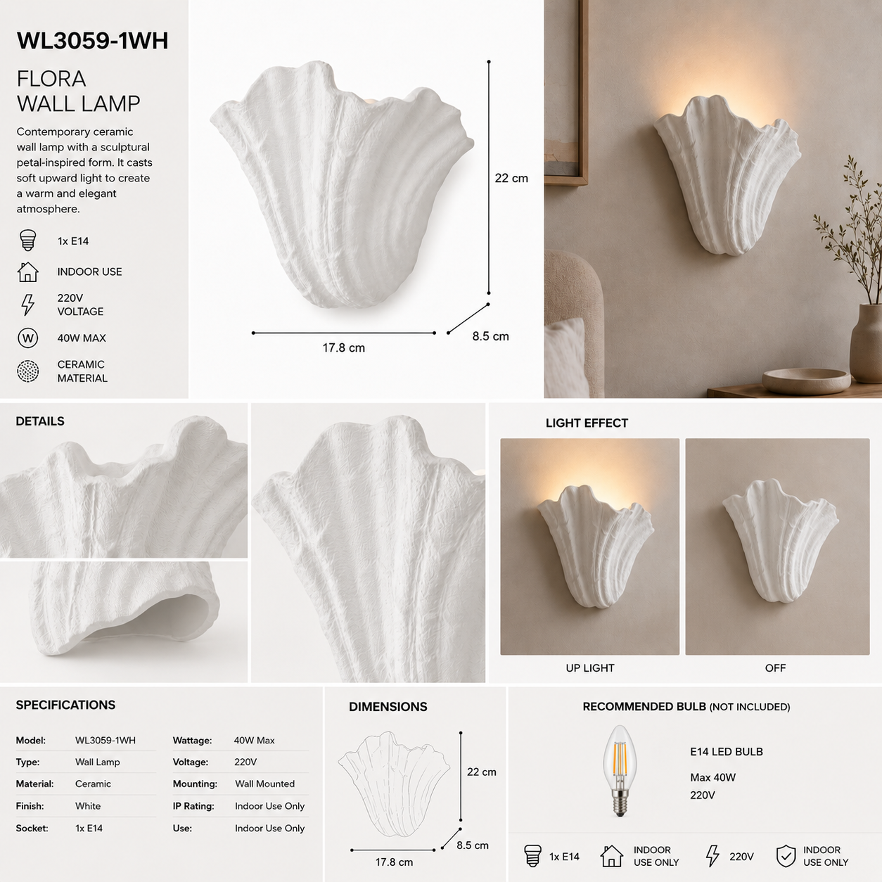 Flora White Ceramic Wall Lamp | 1xE14