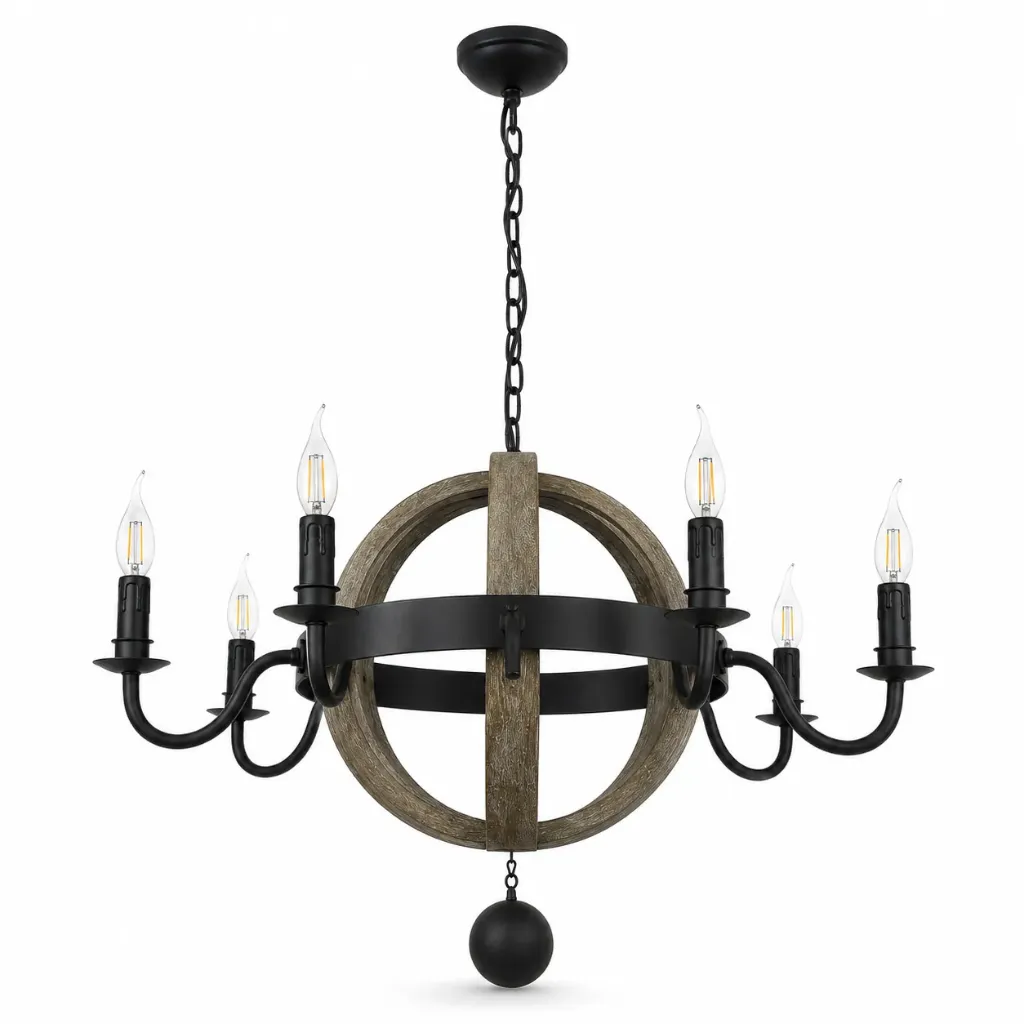 [CH6001-6D] Wooden Orb Chandelier with Black Metal Frame | 6xE14