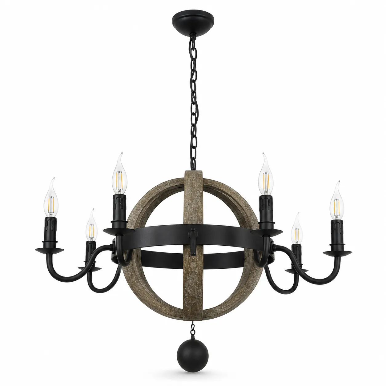 Wooden Orb Chandelier with Black Metal Frame | 6xE14