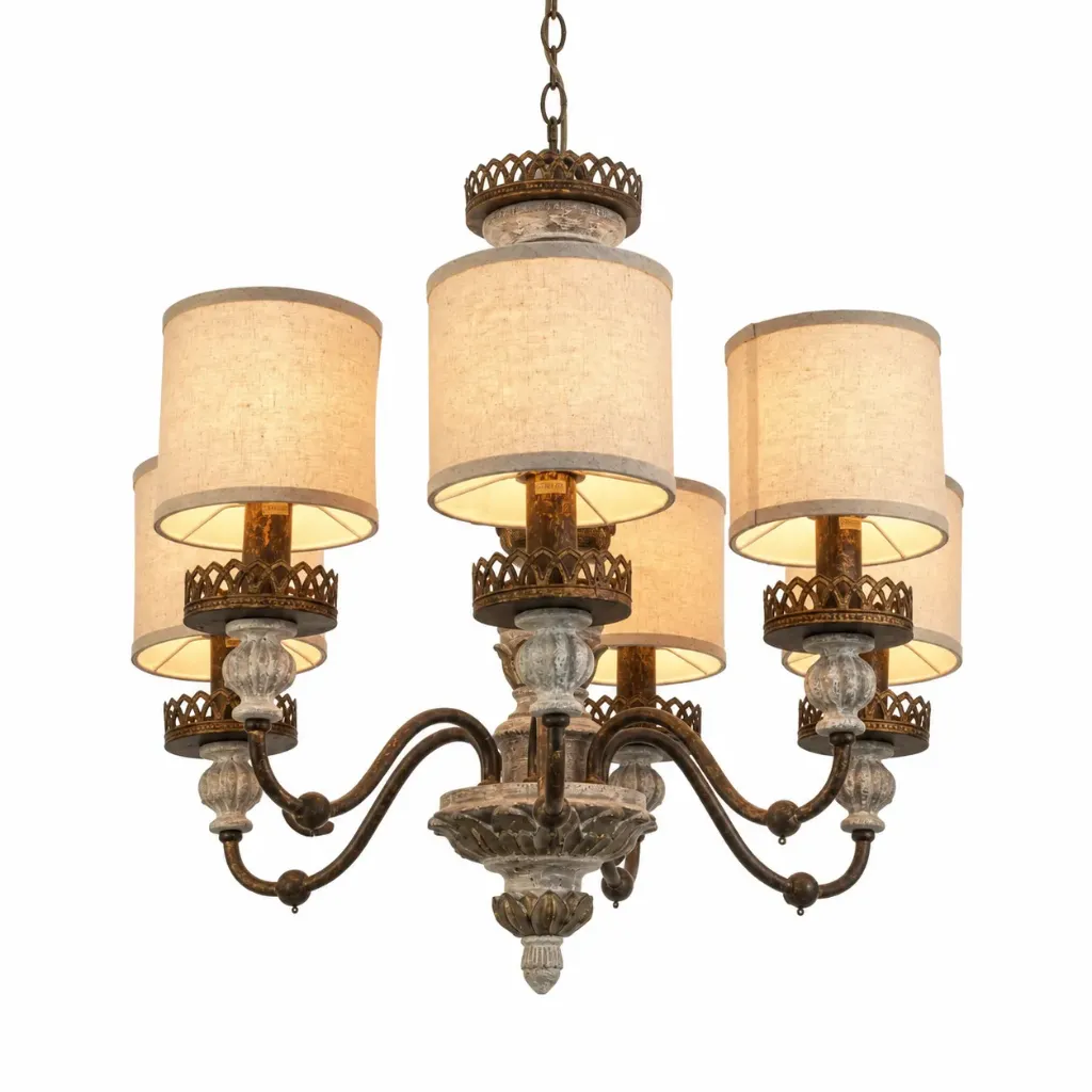 [CH6007-6D] Rustic 6-Light Wood Chandelier with Linen Shades