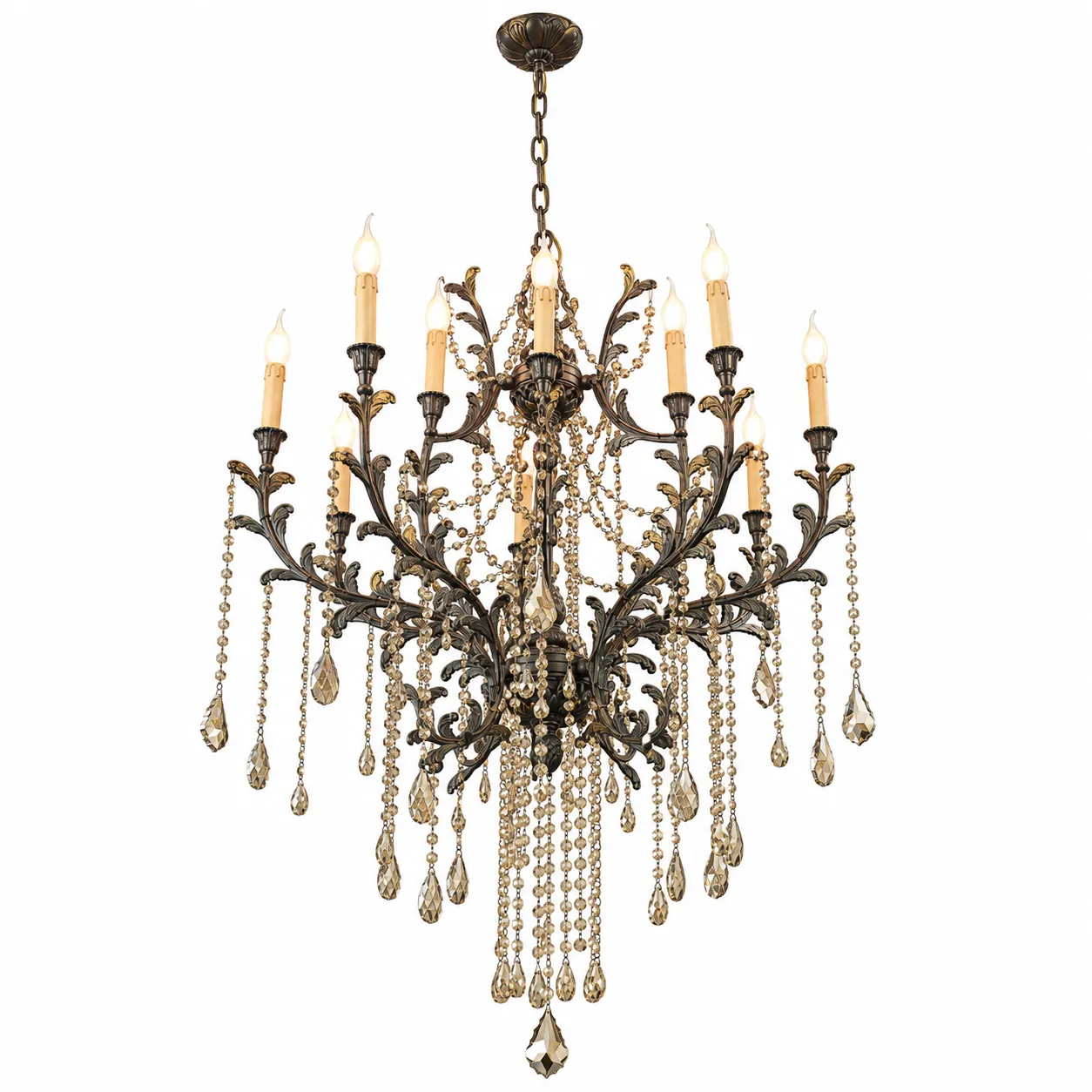 Jovimart Antique Bronze Chandelier with Golden Teak Swarovski Crystal| 12-Light E14