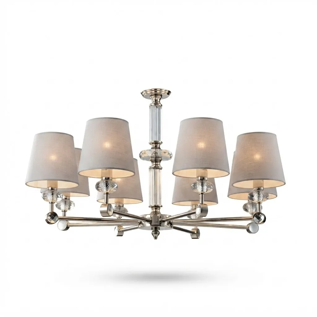 Nickel & Crystal 8-Light Chandelier with Grey Fabric Shades