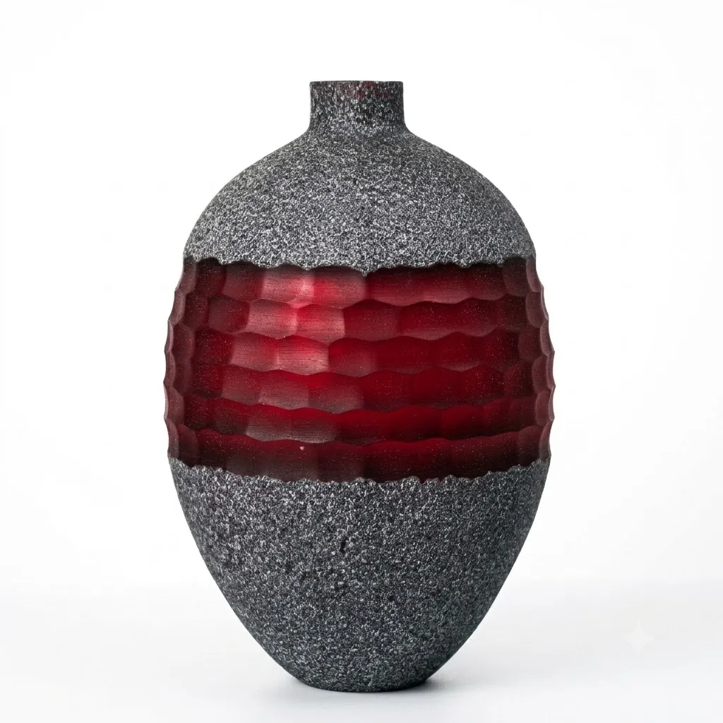 Crimson Horizon Hand Blown Carved Glass Vase