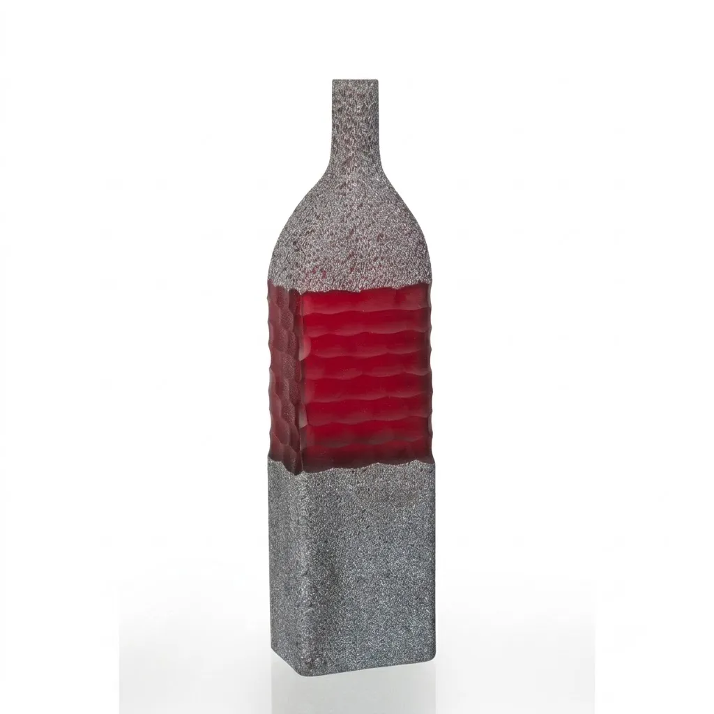 Red and Black Hand-Blown Carved Glass Vase