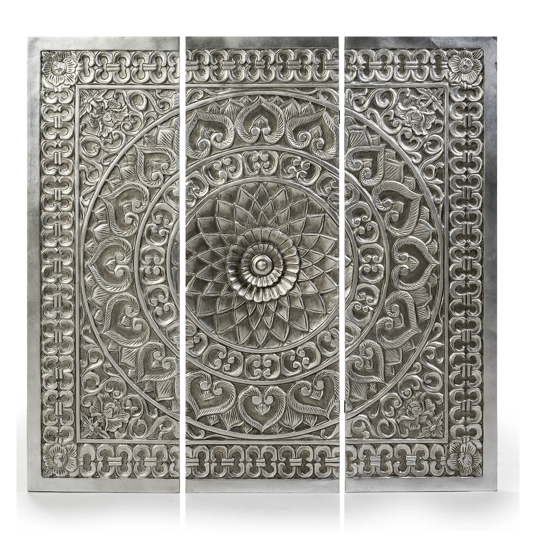 Silver Ornate Mandala Triptych Wall Art | 100x100cm