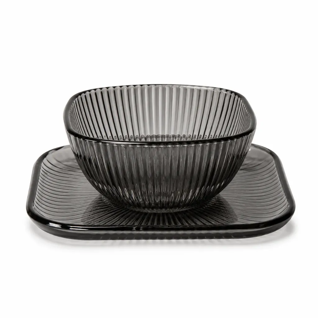 [BO245-SM] Ribbed Smokey Glass Bowl with Plate| W15.2cm