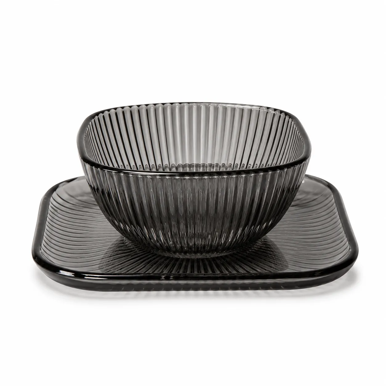 Ribbed Smokey Glass Bowl with Plate| W15.2cm