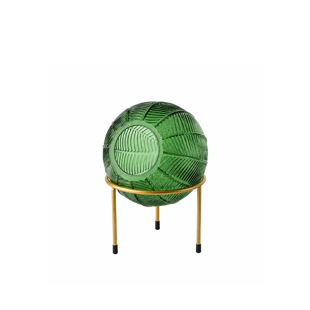 [VS1513-GR] Green Glass Orb Vase with Gold Stand