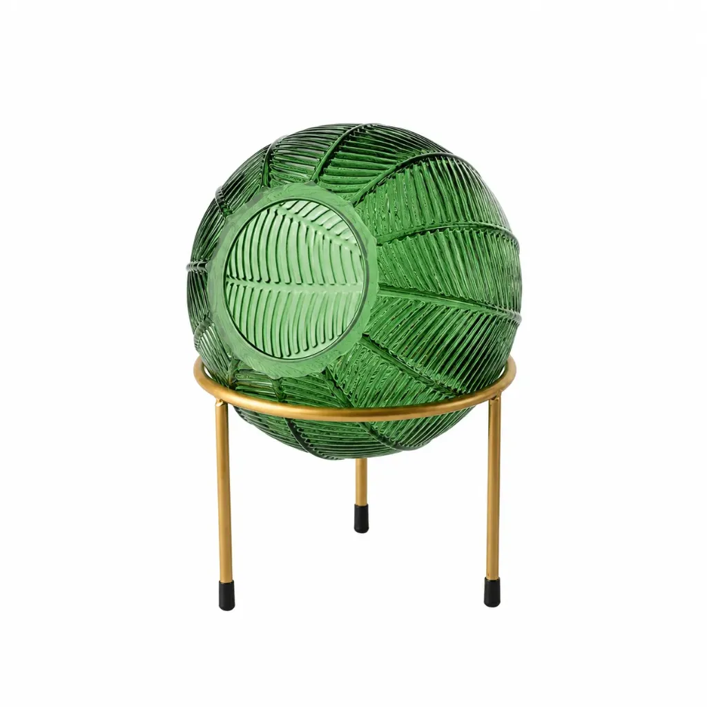 [VS2018-GR] Large Green Glass Orb Vase with Gold Stand